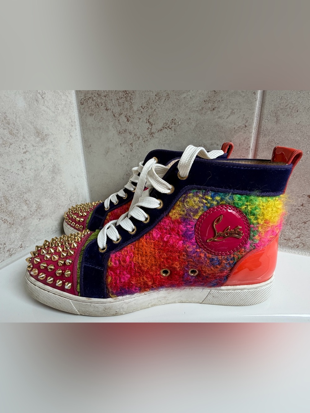 Christian Louboutin Multicolor Wool & Leather High-Top Sneaker with Gold Studs